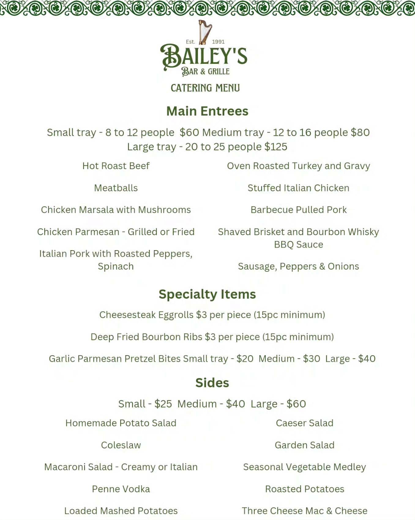 Bailey's restaurant menu.