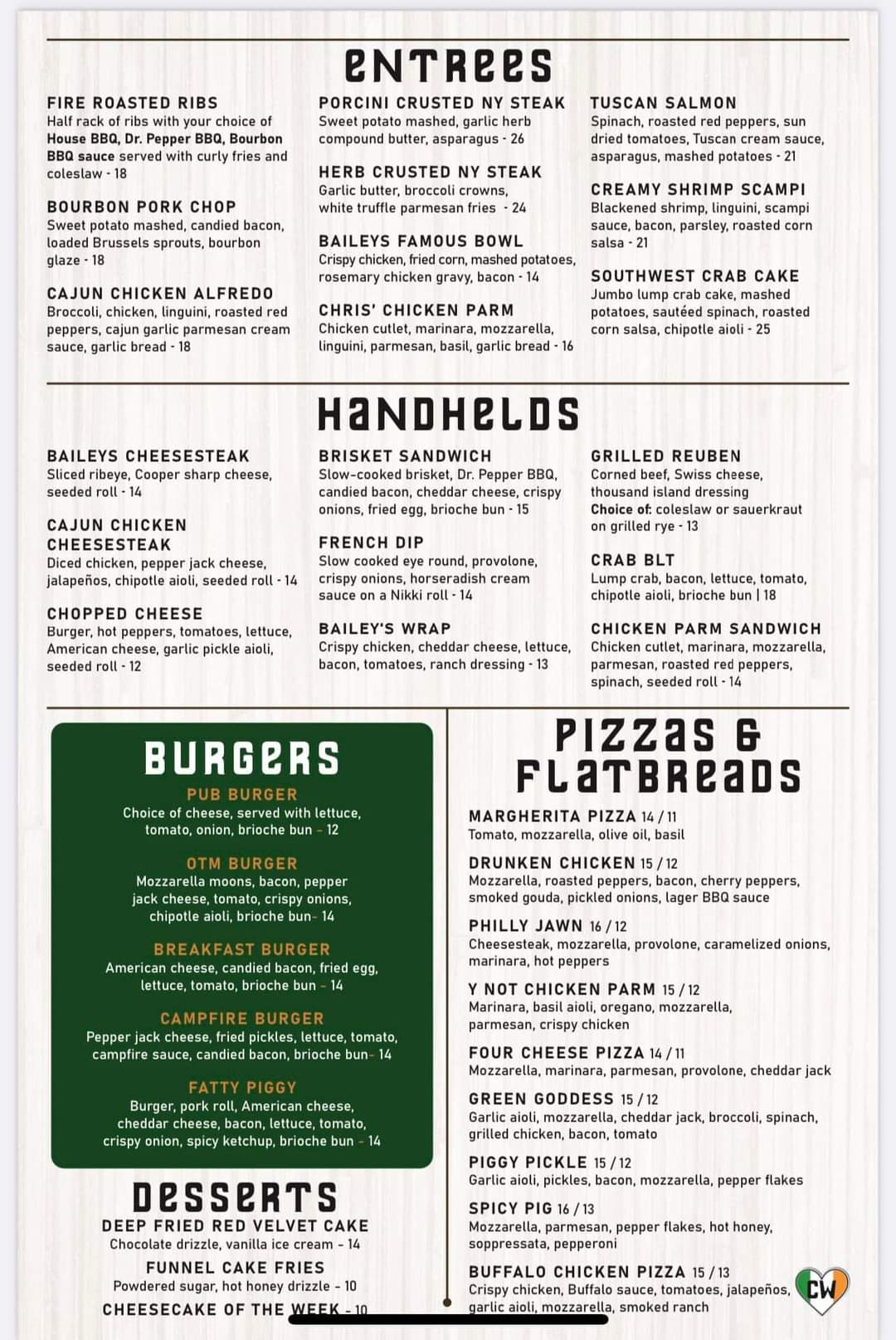 A menu for a restaurant with a green background.