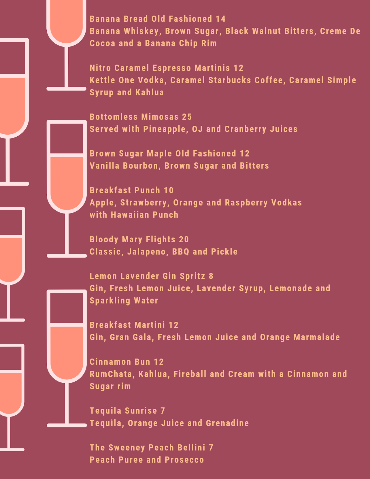 Menu of assorted cocktails with various ingredients listed under each drink name.