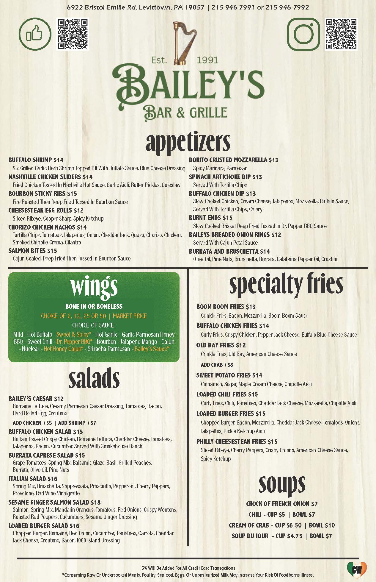 Menu from bailey's bar and grille featuring a variety of food items including appetizers, wings, salads, burgers, and qr code for contact information.