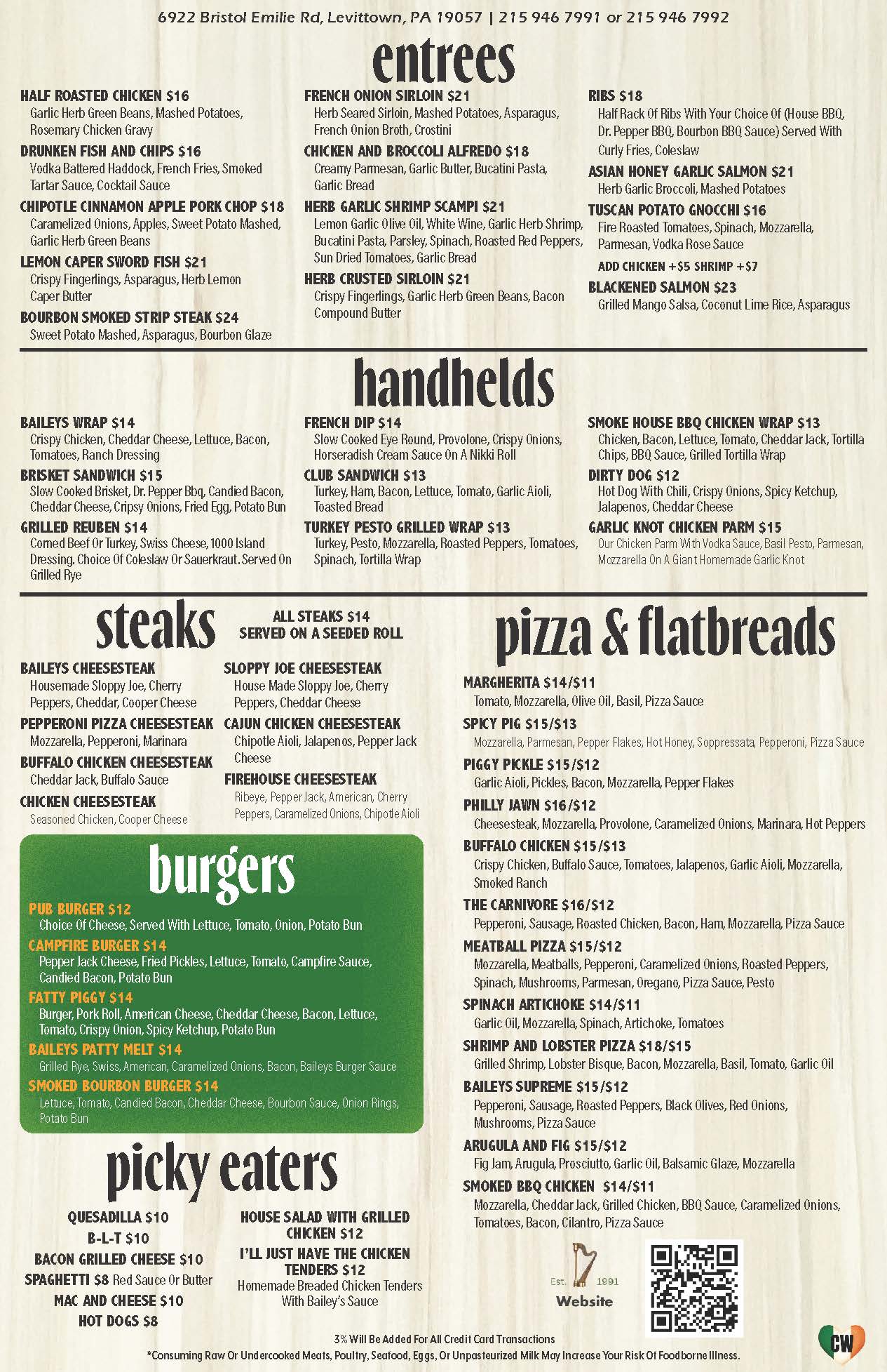 Menu with various food options including appetizers, wraps, sandwiches, burgers, steaks, pizzas, and salads displayed in different sections with prices listed.